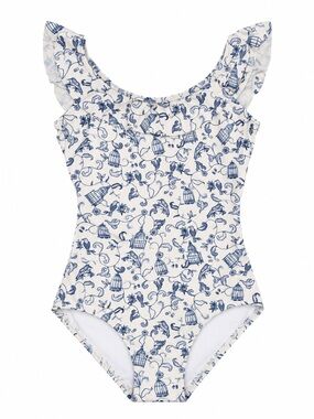 Hermoza White and Blue Floral Birdcage Girls' One-Piece Swimsuit